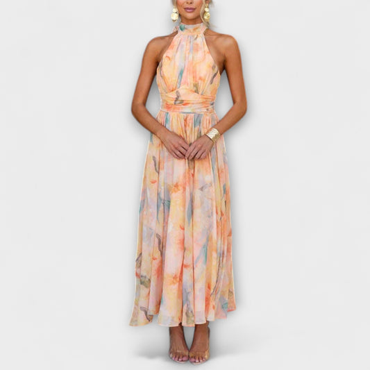 Livia | Halter-Neck Watercolor Print Maxi Dress