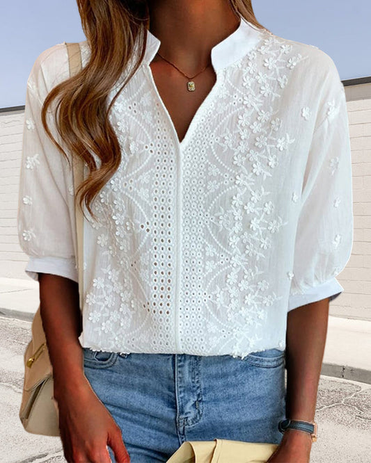 Evie | Embroidered Blouse with Split Collar