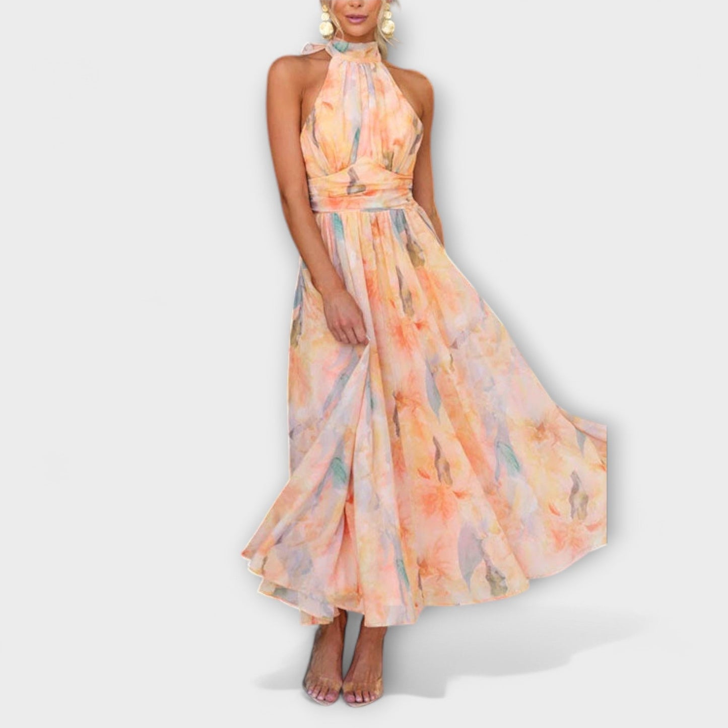 Livia | Halter-Neck Watercolor Print Maxi Dress