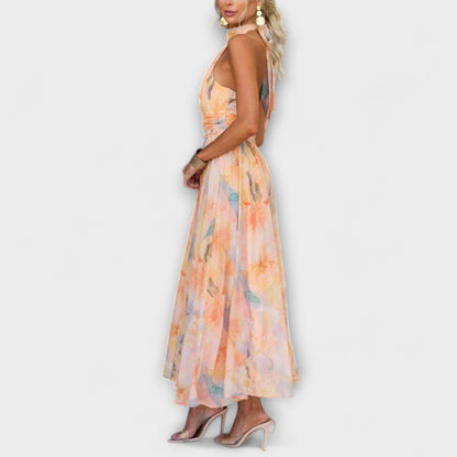 Livia | Halter-Neck Watercolor Print Maxi Dress