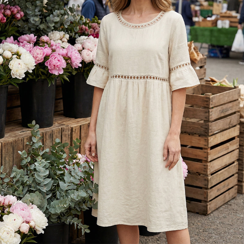 Amara | Delicate Lace Panel Architecture, Breathable Cotton-Linen Drape