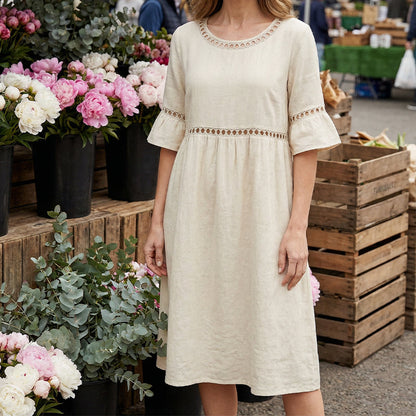 Amara | Delicate Lace Panel Architecture, Breathable Cotton-Linen Drape