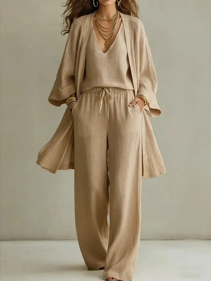 Sara | Minimalist Linen-Cotton Drape, Fluid Three-Piece Versatility