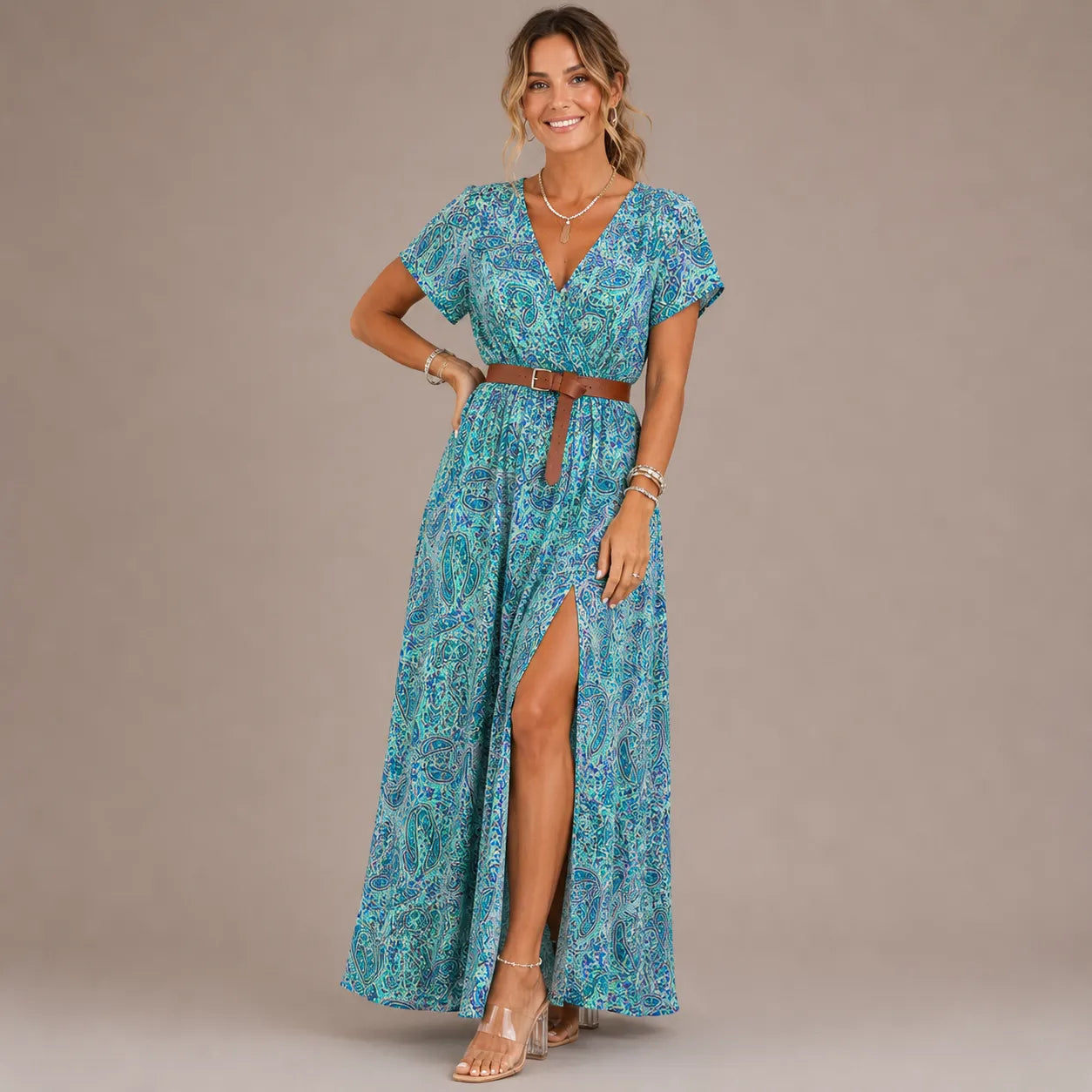 Philly | Bohemian Maxi Drape, Elastic Waist V-Neck Architecture