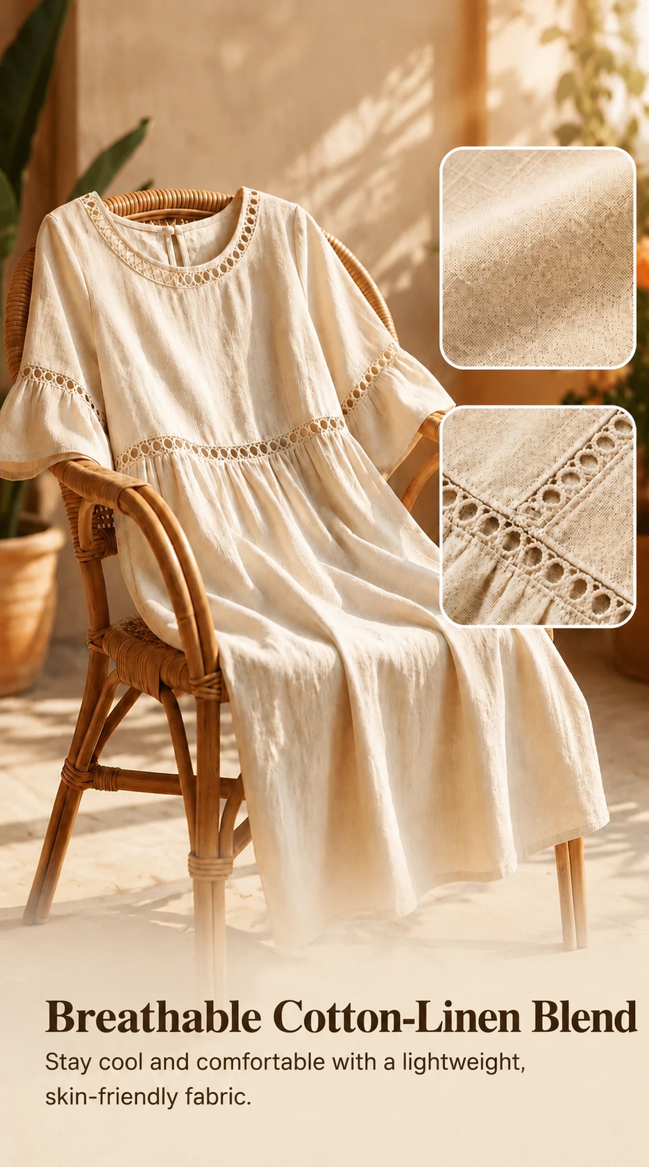 Amara | Delicate Lace Panel Architecture, Breathable Cotton-Linen Drape