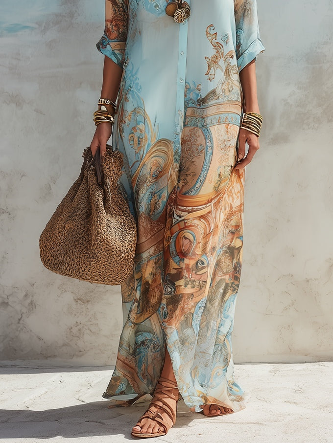 Cleo | Mediterranean Shirt-Dress Architecture, Sweeping Airy Maxi Drape