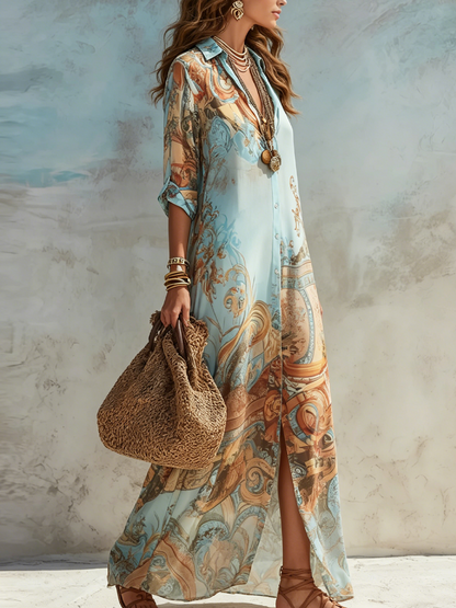 Cleo | Mediterranean Shirt-Dress Architecture, Sweeping Airy Maxi Drape