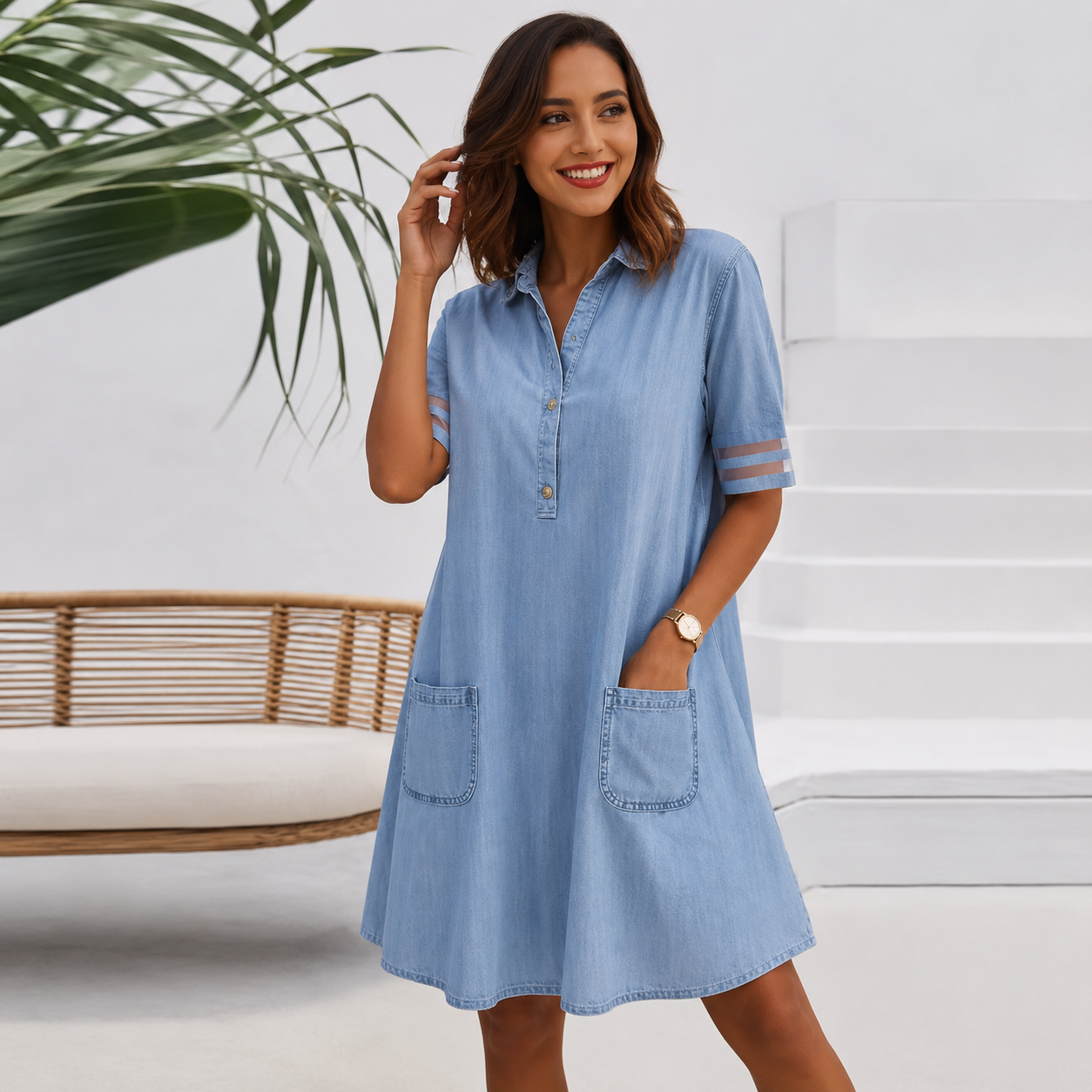 Brittany | Fluid Denim-Look Weave, Belly-Smoothing Utility Cut