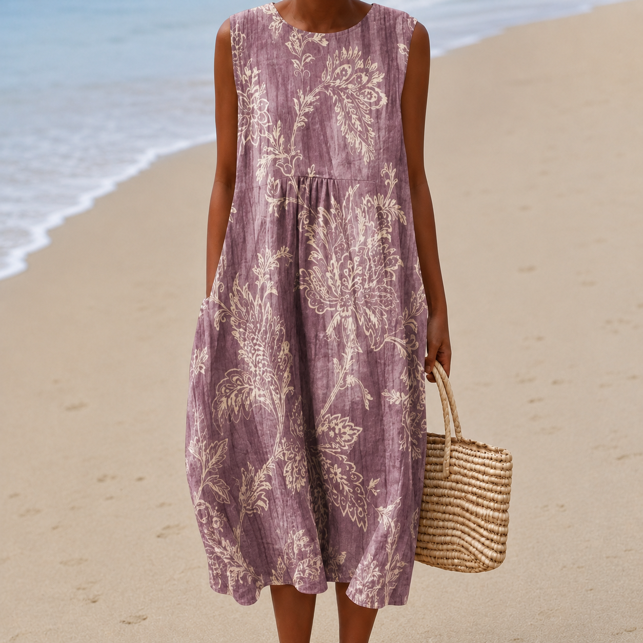 Livia | Artistic Botanical Print, Sleeveless Buoyant Midi Drape