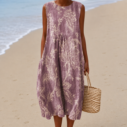 Livia | Artistic Botanical Print, Sleeveless Buoyant Midi Drape